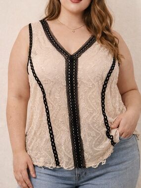 Worthington Cream Lace Cami with Black Crochet Trim